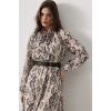 Yılan Desen Uzun Yaka Detaylı Elbise - Krem-Siyah