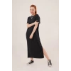 Yırtmaç Detaylı Kısa Kollu Salaş Maxi Siyah Elbise