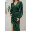 Zümrüt V Yaka Saten Elbise