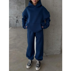 3 iplik şardonlu kapşonlu sweatshirt lacivert p510436