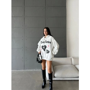 3 iplik şardonlu oversize true baskılı sweat Beyaz