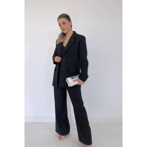 Siyah Çizgili Ceket - Yelek Ve Pantolon Takım