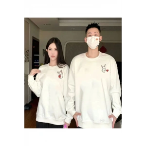 Tavşan Baskılı Sevgili Çift Kombini Kapüşonlu Sweatshirt - Hodie - Beyaz