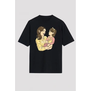 Anneler Gününe Özel Tasarım Anne Kız Baskılı T-shirt - Siyah