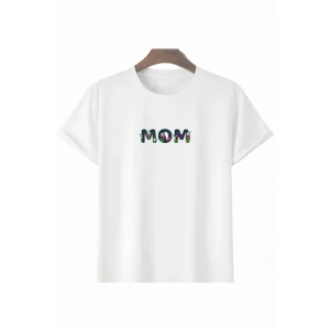Anneler Gününe Özel Tasarım Mom Çiçek Baskılı T-shirt - Beyaz