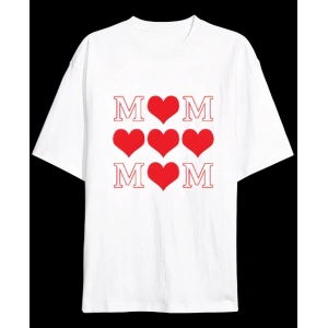 Anneler Gününe Özel Tasarım MOM Kalp Baskılı T-shirt - Beyaz