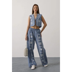 Baskılı Önü Bağlamalı Yelekli Takım - İndigo