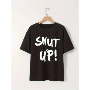 Baskılı Oversize Bisiklet Yaka T-shirt - Siyah