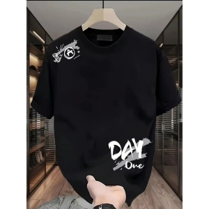 Baskılı Oversize Bisiklet Yaka T-shirt - Siyah