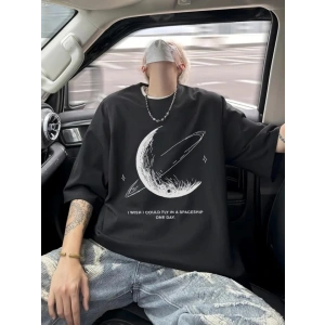 Baskılı Oversize Bisiklet Yaka T-shirt - Siyah