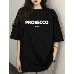 Baskılı Oversize Bisiklet Yaka T-shirt - Siyah