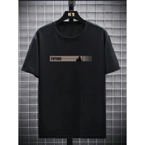 Baskılı Oversize Bisiklet Yaka T-shirt - Siyah