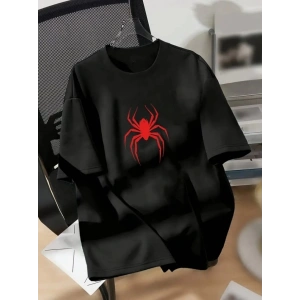 Baskılı Oversize Bisiklet Yaka T-shirt - Siyah