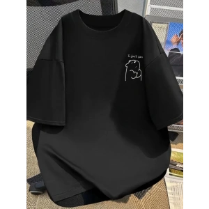 Baskılı Oversize Bisiklet Yaka T-shirt - Siyah