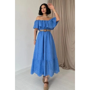 Bebe Mavi Omzu Lastikli Brode Elbise