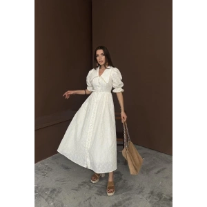 Bej Bebe Yaka Balon Kollu Brode Elbise