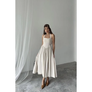 Bej Boyundan Bağlamalı Keten Elbise