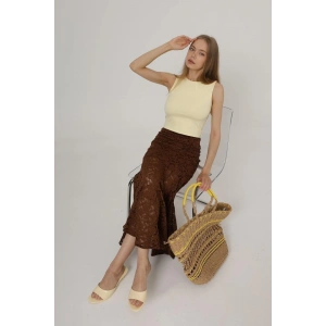 Bel Lastikli Dantel Etek - Kahve
