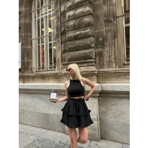 BEL LASTİKLİ KAT FIRFIR DETAYLI KISA ETEK - Siyah