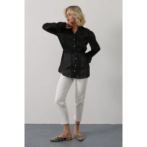 Belden Bağlamalı Uzun Kol Gömlek - Siyah