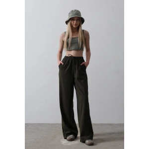 Beli Lastikli Bol Paça Pantolon - Koyu Haki