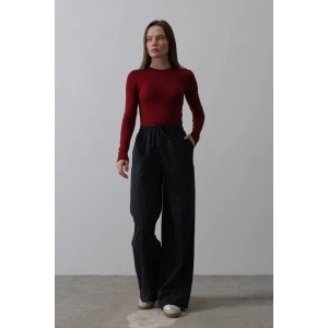 Beli Lastikli Bol Paça Pantolon - Lacivert-Beyaz