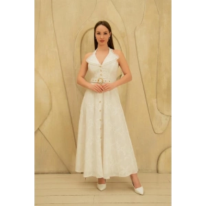 Beyaz İnci Kemer Detaylı Dantelli Elbise