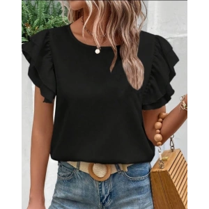 Bisiklet Yaka Kolları Volanlı İthal Krep Bluz