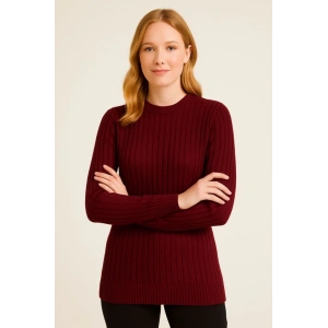 Bisiklet Yuvarlak Yaka Triko Kazak Pamuklu Kalın Fitilli Dokuma, Regular Fit Uzun Kollu Kışlık Model - Bordo