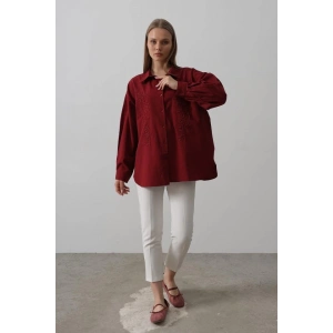 Boncuk Nakış Detaylı Uzun Gömlek - Bordo