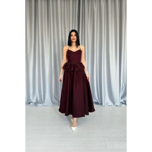 Bordo Beli Büzgülü İnci Askılı Uzun Elbise