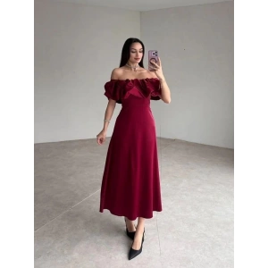 Bordo Omuz Büzgülü Saten Elbise