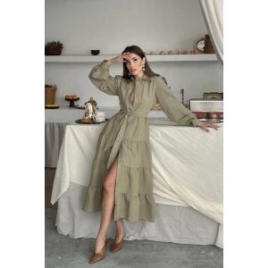 Çağla Çizgi Desenli Uzun Elbise