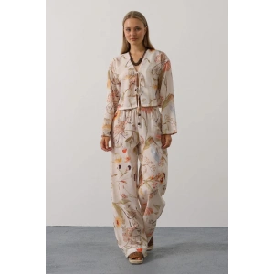 Çiçek Desen Önü Bağlamalı Pantolon Takım - Taş