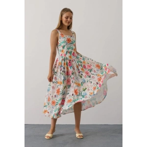 Çiçek Desenli Askılı Elbise - Pembe Çiçek