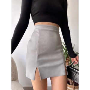 Çift yurtmaçlı süet etek gri s241002