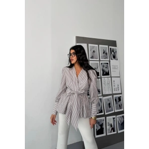 ÇİZGİLİ BAĞLAMA DETAYLI KRUVAZE POPLİN GÖMLEK - Kahverengi