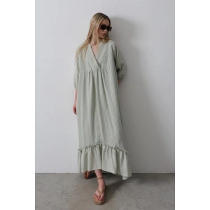 Çizgili Oversize V Yaka Elbise - Haki