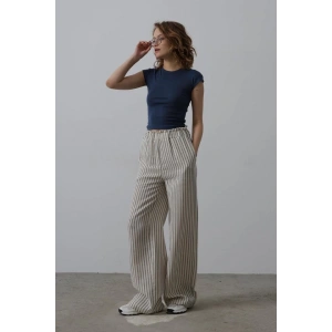 Çizgili Pamuklu Lastikli Pantolon - Bej-Lacivert