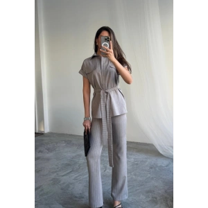 ÇİZGİLİ POLYVİSKON BLUZ - PANTOLON TAKIM - Gri