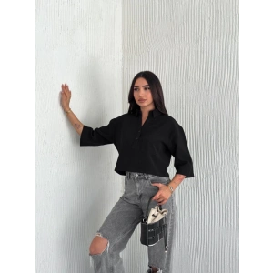 Crop Yakalı Gömlek Üç Çeyrek Sleeve Kol - Siyah