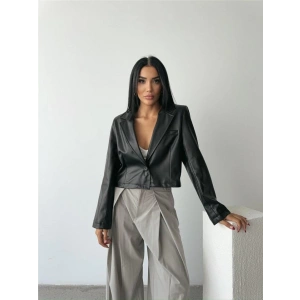 DERİ CROP CEKET TEK DÜĞME - Siyah