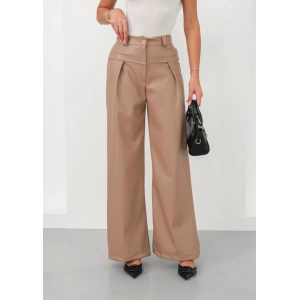 Deri geniş paça beli lastikli pantolon bej h263644