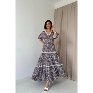 Desenli Sırtı Dekolteli Brode Elbise