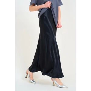Düz Uzun Saten Etek - Siyah