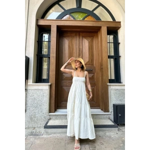 Ekru Askılı Parçalı Müslin Elbise