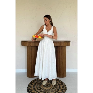 Ekru Dantel Detaylı Askılı Elbise