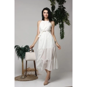 Ekru Halter Yakalı Kuşaklı Elbise