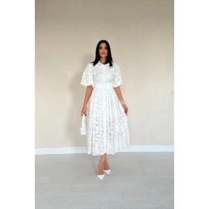 Ekru Kemerli Balon Kollu Elbise