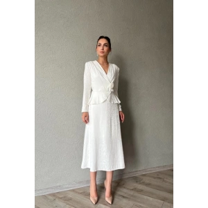 Ekru Pile Detaylı Kruvaze Elbise